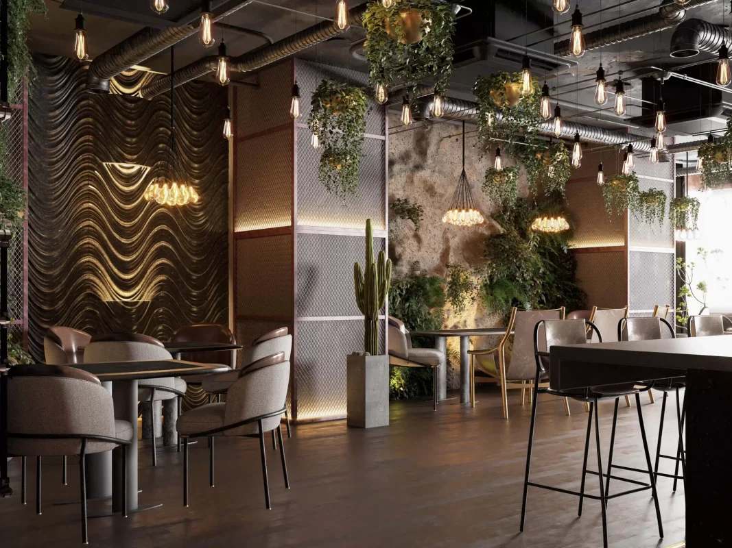 Desain Cafe Gaya industrial Tropical