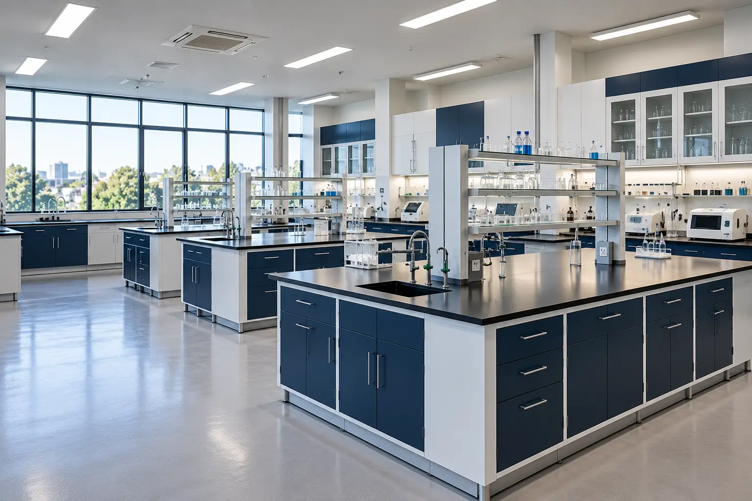 Interior laboratorium dengan furniture meja kerja dan kabinet penyimpanan
