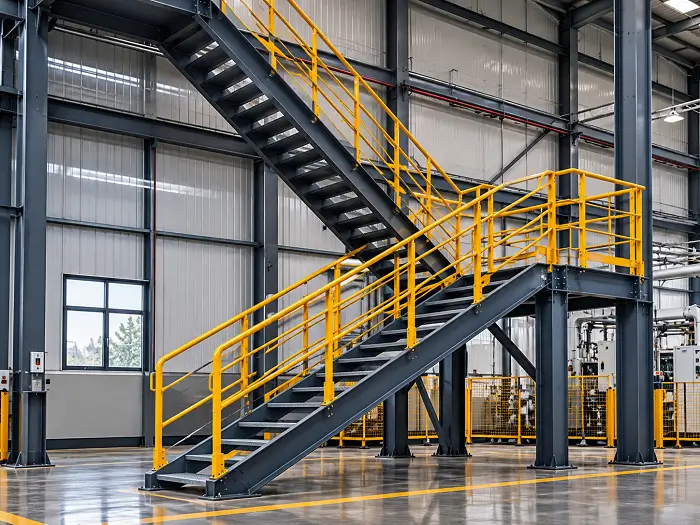 Struktur tangga baja industri dengan bordes dan railing pengaman