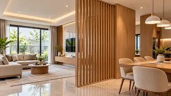 Partisi dekoratif dengan kombinasi panel dan material interior