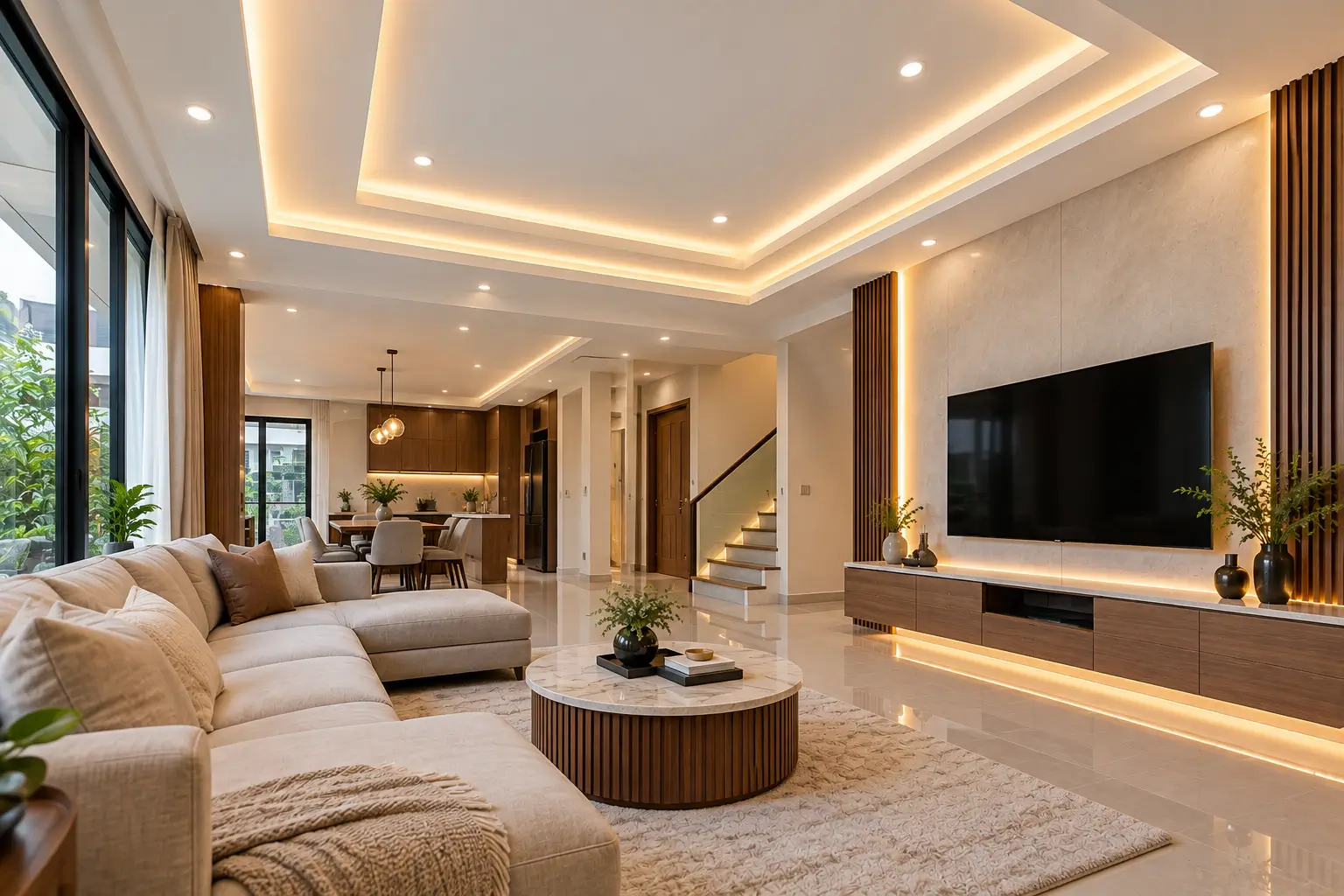 Pemasangan plafon modern pada interior rumah