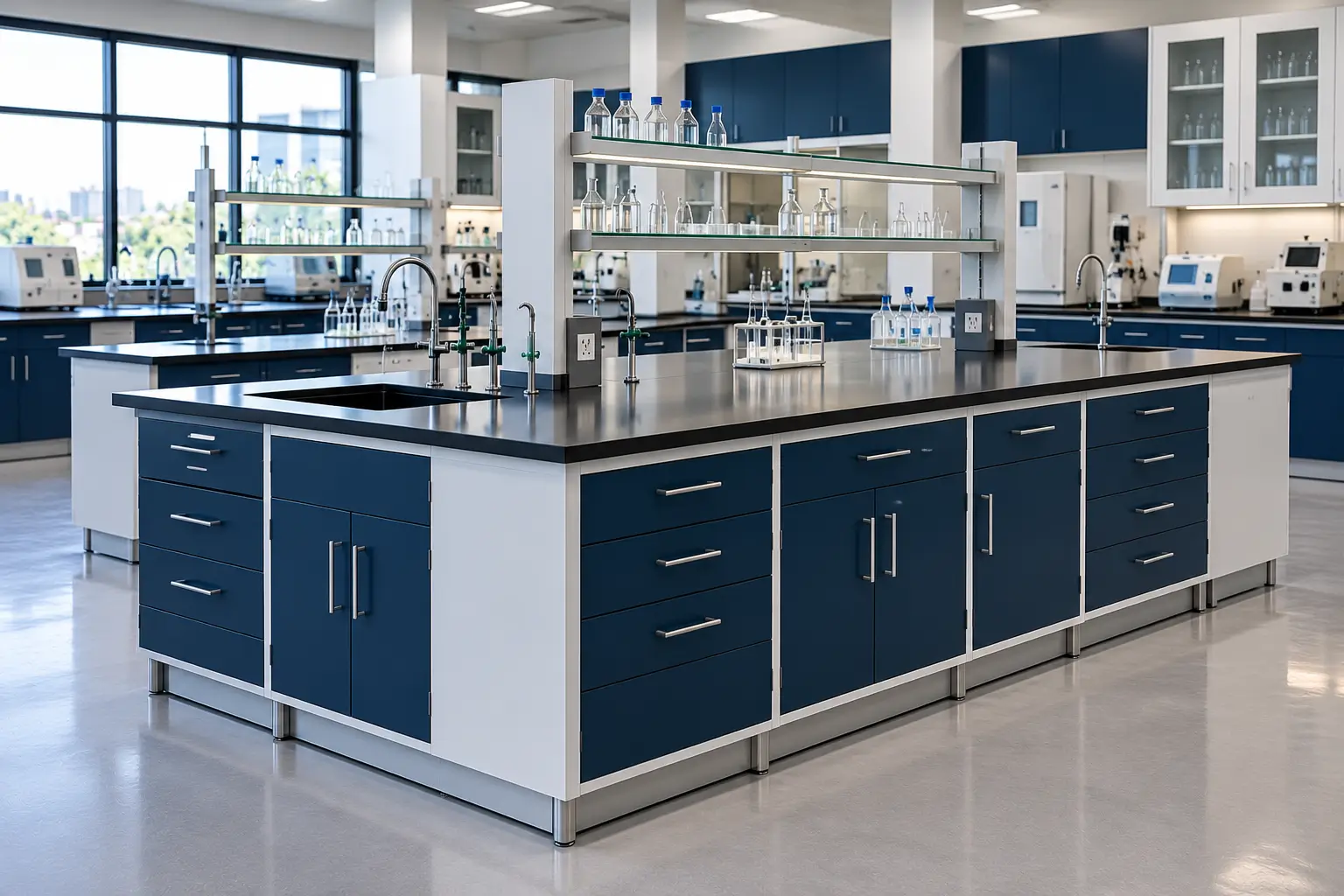 Meja laboratorium dengan permukaan kerja dan kabinet penyimpanan