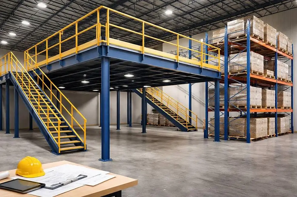 Struktur mezzanine baja dengan lantai tambahan, tangga, dan railing pengaman di gudang