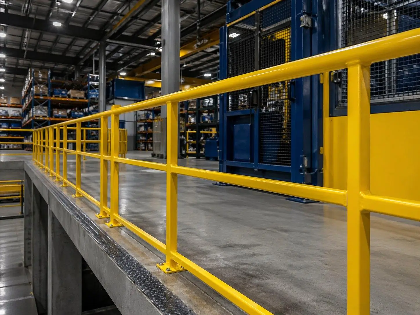 Railing pengaman baja pada tepi lantai mezzanine