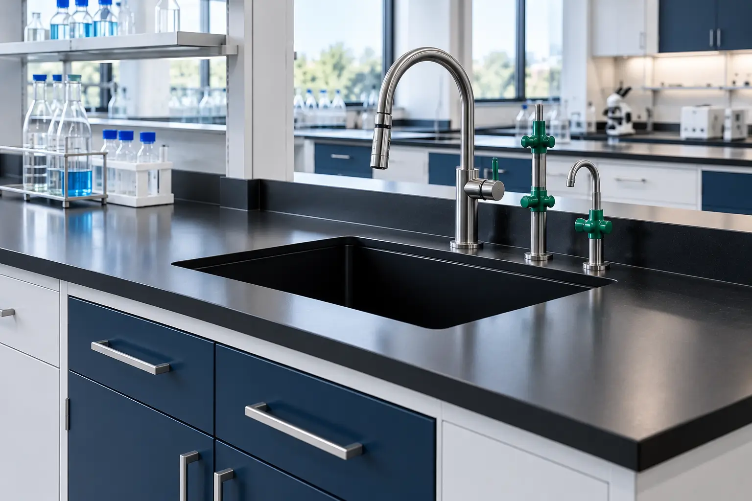 Sink unit laboratorium dengan bak dan keran pada meja kerja
