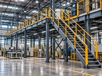 Tangga baja menuju platform mezzanine di fasilitas pabrik