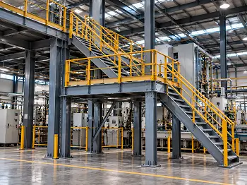 Tangga baja industri dengan bordes dan railing pengaman kuning