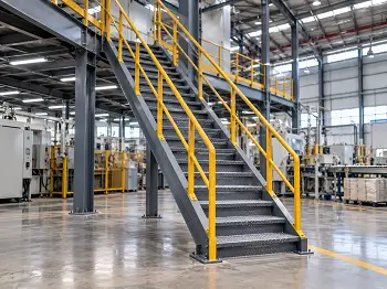 Tangga lurus baja dengan railing pengaman kuning di dalam pabrik