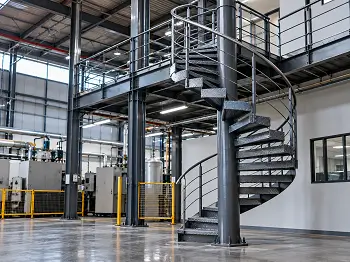 Tangga spiral baja dengan railing melingkar untuk akses vertikal